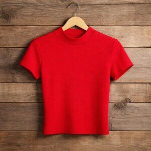 "Red Ribbed Mock Neck Short Sleeve Crop Top Size S Vibrant"